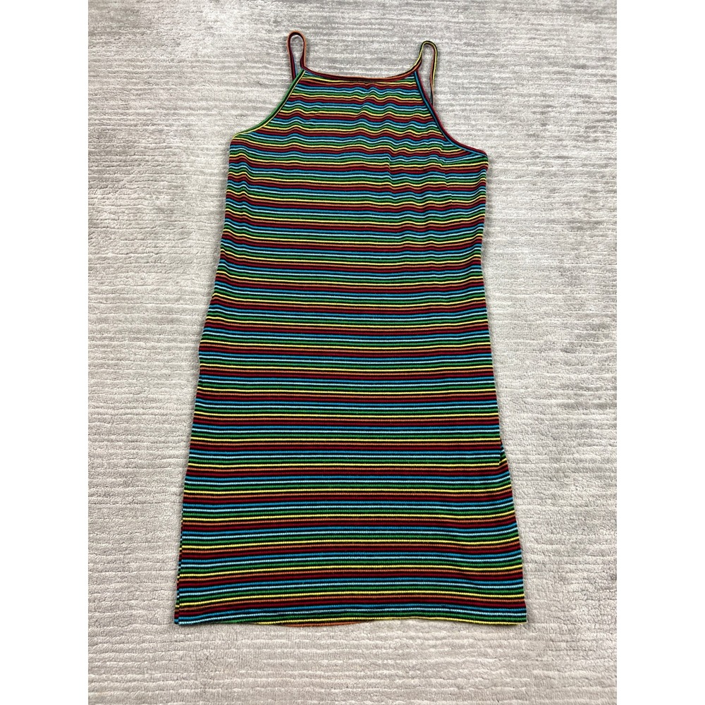 LunaChix‎ Dress Womens Medium Multi Rainbow Stripe Ribbed Bodycon Mini High Neck